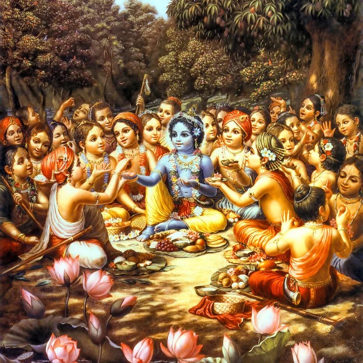 Krishna sharing prasadam with His friends in a forest of lotuses